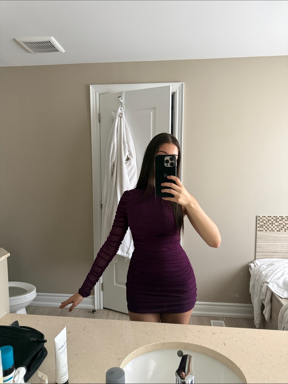 One-Shoulder Ruched Cocktail Dress in Plum